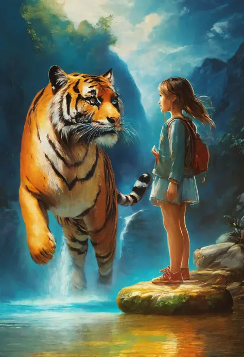 (​masterpiece, top-quality, Official art:1.2)Look at view, tiger and girl, Tiger painting, A flash of light runs, Colorful water levitation(2D:1.5),