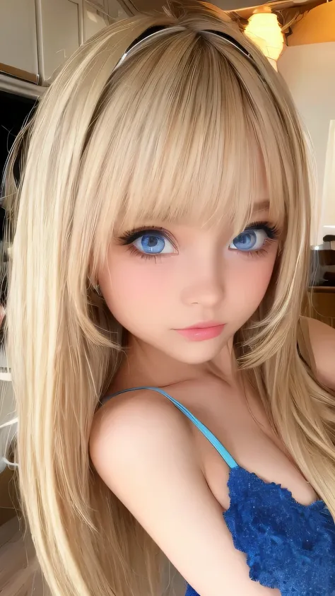 Very beautiful shiny pretty face、Beautiful shiny white skin、Glowing cheek highlight、Beautiful cute sexy pale very bright blue eyes、hair over eyes、hair over one eye、hair between eyes、Big double eyelid eyes、Beautiful very long shiny silky pale blonde straigh...