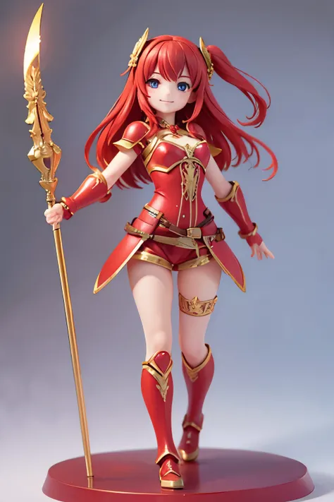 high resolution　Beautiful Skin　detailed picture　pretty girl　smile　Red hair　human　Long Spear　Leather armor　Figures　pedestal