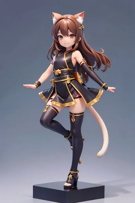 high resolution　Beautiful Skin　detailed picture　pretty girl　smile　brown hair　Cat ears　tail　dagger　Ninja clothing　Figures　pedestal