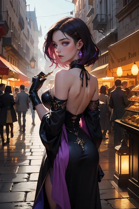 ((best quality)), ((masterpiece)), (detailed), portrait of Elara, a young woman with a mane of vibrant purple hair cascading down her back, her eyes sparkling with a euphoric wonder.  She stands in the heart of a bustling gothic marketplace, bathed in the ...