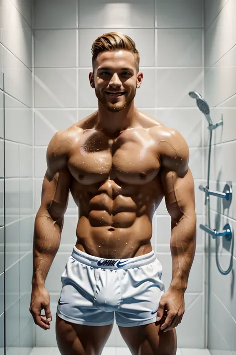 full body, full photo view, one over-musuclar young bodybuilder male singer Matt Pokora with blond haircut hair, shirtless showing off his over-inflated pecs and biceps, wearing white Nike lycra tight shorts and white sport socks, standing in a shower stal...