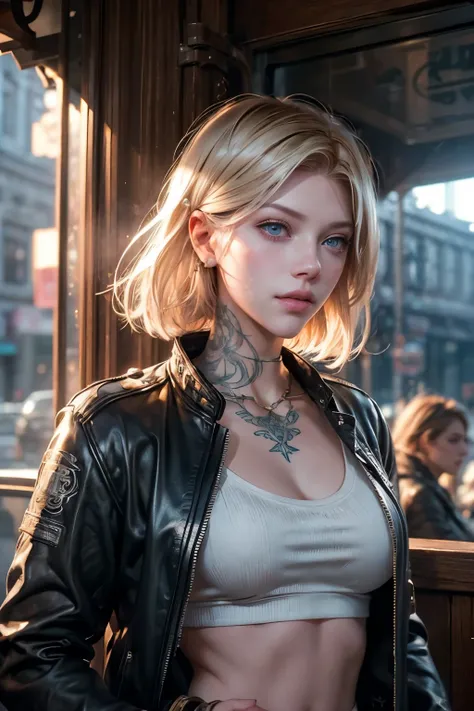 blonde short straight hair, tattooed, smile , vibrant blue eyes, white pale skin, ((Katheryn Winnick)), portrait, rocker clothes, biker clothes, elegant, thin nose, thin chin, tattoos. loose hair, hair falling over one eye, emo bangs. pink lips., bar scene...