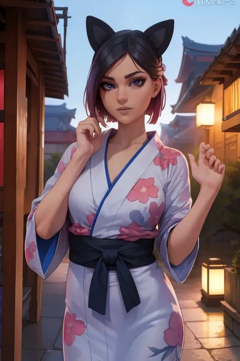 lince , japanese yukata dress night landscape ,Extremadamente detallado, rostro detallado,hermoso rostro, ojos finos, mirando al espectador, pose femenino.