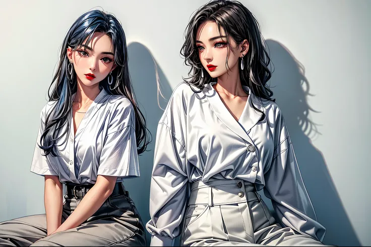 Top quality、Top image quality、Masterpiece、Teenage Girl((White shirt、Black trousers、18 years old、 Ajer、best bust、Big bast,black eyes, Blue Hair、A slender,Oyama Valley、Red lipstick makeup、Cute earrings、Silver Watch、Chest together、sit up、Create a captivating ...