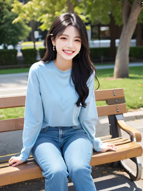 highest quality)), ((masterpiece)), (Get used to it), Perfect Face、((highest quality)), A neat and beautiful woman sitting on a park bench、Long sleeve blouse、Skinny jeans、sneakers、Black Hair、smile、smile showing teeth、Full body photo、Ear Piercing Informatio...