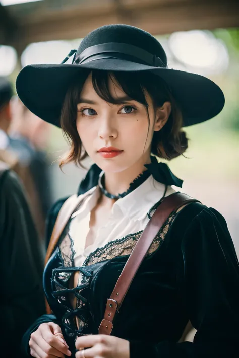 ((best quality)), ((masterpiece)), (detailed), A portrait of a determined detective girl in her mid 20s, from gothic times. She has a serious expression on her face and is dressed in full, elegant clothing of the era. A vintage camera with a large lens han...