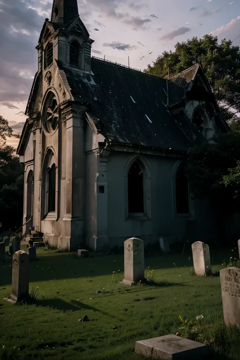 An abandoned church with a cemetery around it.
Various cracks and purple lights