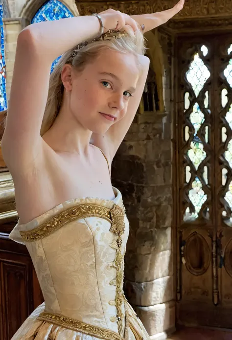 phone photo, natural look of 12 years old girl, wearing medieval strapless french dress, arms behind head, armpits, natural ligh...