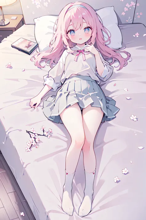 Gray shirt,Lying in bed，Legs were spread apart,idol, yuri, harem, bishoujo, masterpiece,best quality,official art,extremely detailed CG unity 8k wallpaper, original, wallpaper, absurdres,light cherry blossom powder middle hair,bangs, pink hairband, nose bl...