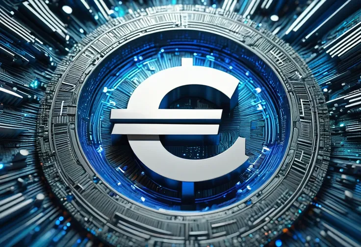 computational graphic in blue colors with white light 3d drawn and in the center a euro symbol, image background, numerical codes, 4k, ultra detailed image, Realistic, highly detailed, perfect composition, gorgeous, Intricately detailed, incredibly detaile...