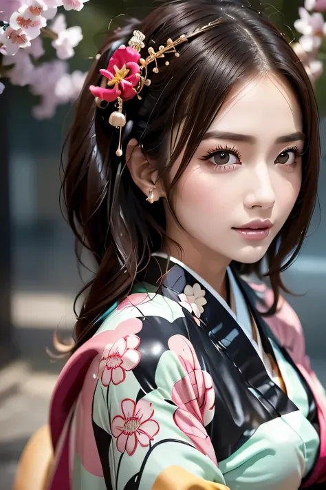 (((Gorgeous courtesan kimono:1.7))),(Beautiful mature woman in a noble courtesan kimono),(((Flashy and extravagant courtesan attire:1.3))),(Glamorous Jar)(Gorgeous floral hair ornament),Gorgeous floral braided top knot,(Very delicate and beautiful hair,),(...