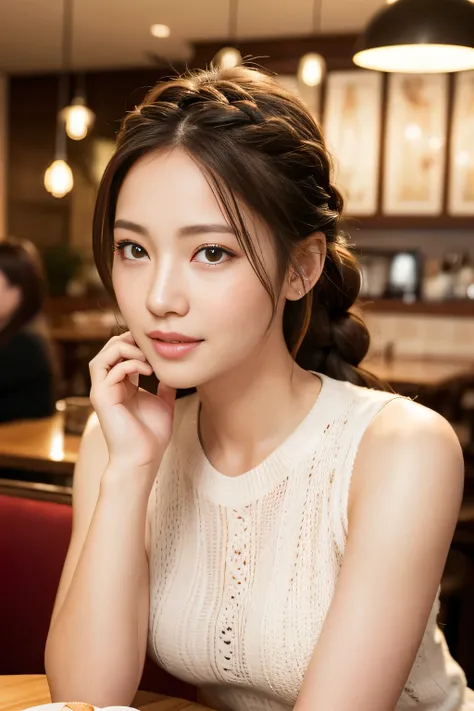 highest quality, Realistic, Super detailed, finely, High resolution, 8K Wallpaper, 1. Beautiful Women, Sharp focus, Perfect dynamic composition, Detailed and beautiful eyes, Detailed and realistic skin texture、Beautiful legs、I&#39;m in a cafe、Chatting、happ...