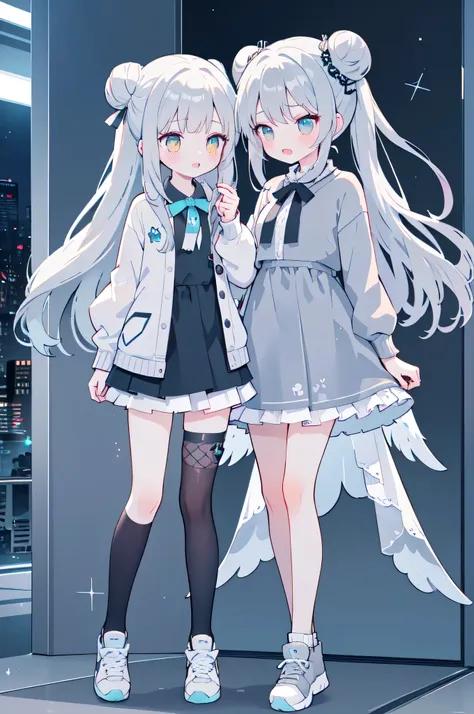 idol, yuri, bishoujo, masterpiece,best quality,official art,extremely detailed CG unity 8k wallpaper, Gray black medium length hair,double_bun, hair wings, blunt bangs,two grey hairpins, nose blush , shy, embarrassed , aqua eyes, beautiful detailed eyes, y...