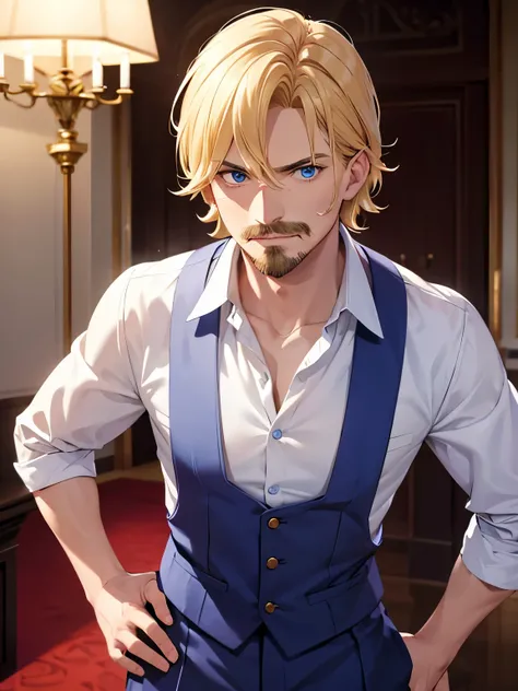 Adult men, standing in the royal palace,Blue eyes, very angry, teeth showing, short hair, mustache, 35 years old, blonde hair, Blonde mustache, White shirt,standing in the royal bedroom,ultra detailed,close up photo