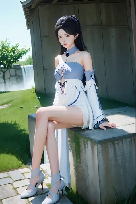 zhaolinger,1girl,arm support,bare shoulders,black hair,dress,gloves,grass,long hair,sitting,solo,white dress,yokozuwari