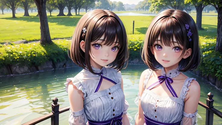 very cute（twin girls）、14 years old、Dark brown hair、Bobcut、short hair、Purple eyes、smile、Clear white skin、whole body、grassland。8k、4K、High resolution、detailed、