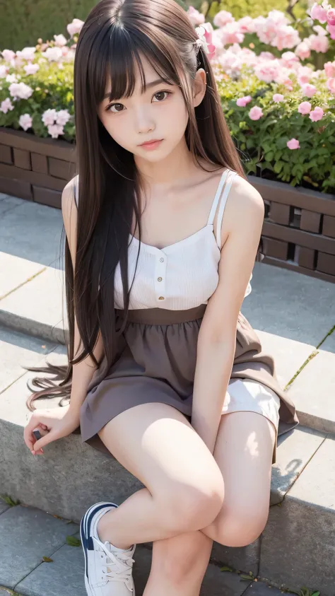 11 years old、Cute Woman、Cute face、Cute Smile、(11 years old )、full body shot、80mm、well-shaped chest、There is a slight swelling of the chest、Lazy smile、Thin purple long-sleeved kimono、thin purple mini skirt、Medium Long Hair、Dark brown hair、garden、Squirting、c...