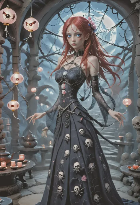 Nami, de One Piece, is a beautiful spider girl with long red hair and big blue eyes  with anime style. She wears a Japanese style dress.. Spider web embroidery with silver threads that are skulls.In a traditional tea ceremony . Inside a dark mansion illumi...