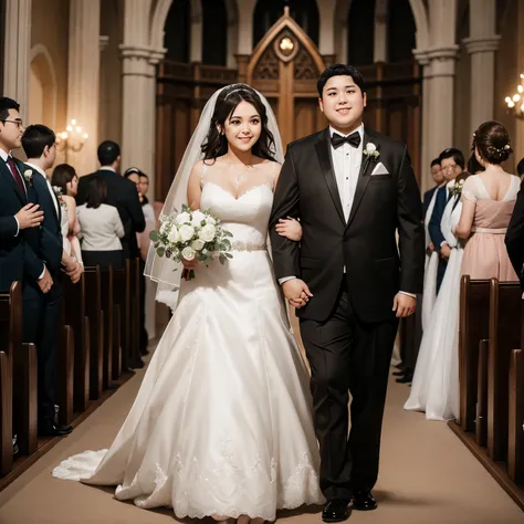 Christian wedding of a short girl with slanted brown eyes, black hair, thin and thin, and a tall chubby boy with brown eyes, light brown hair and thin 