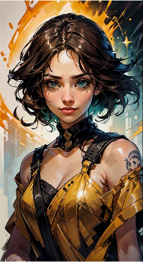 (8k, best quality, masterpiece:1.2),(best quality:1.0), (ultra highres:1.0), painted artwork, a sexy smile, shoulder, long dark hair, green eyes, tears slowly drips down, inspired by Drew Struzan, half body portrait, extremely luminous bright design, spark...