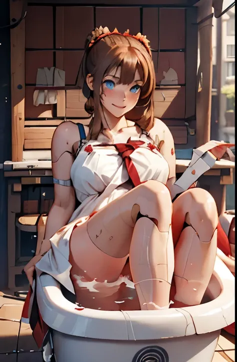 A Female robot is sleeping in bathtub, spread legs, nude, banzai pose. she wears no dress. She Brown short hair is tied with two big red clothespins, She lifts up the under hem of her white plain dress, leaning over, masterpiece, very short pigtails,brown ...