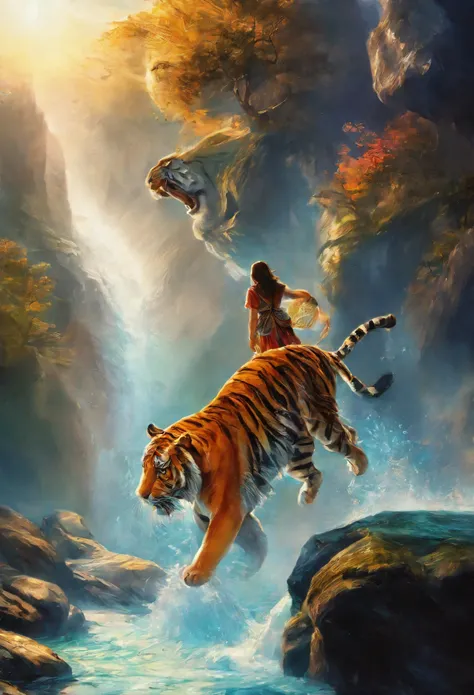 cover page, highres, top quality, best quality, paid reward available, unparalleled masterpiece, perfect artwork, absurdres, High-quality illustrations, super high resolution, detailed background, perfect anatomy, tiger and girl, Tiger painting, A flash of...