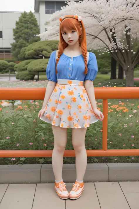 cute girl orange pony hair and flower hair band, blue shirt, blossom dress, red shoes,ulzzang, japanese model, girl pose