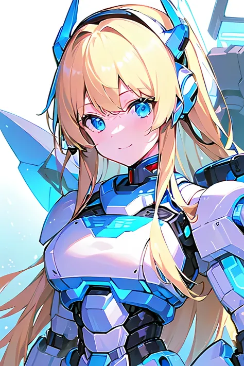 [(WHITE BACKGROUND:1.5),::5], masterpiece, absurdres, best quality, best aesthetic, ultra detailed, 1girl, solo, ((blond hair)), long hair, blue eyes, science fiction, (mecha musume:1.4), mechanical parts, headgear, v-fin, mechanical wing, angel mechanical...