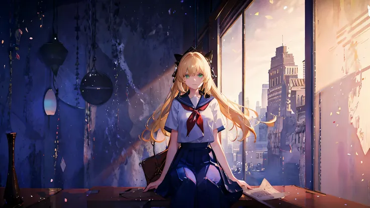 ((masterpiece,highest quality, High resolution)), One girl, alone, Green Eyes, Long blonde hair tied with a blue ribbon, Blunt bangs, Sitting, Arms folded on the table, Sleep arm in arm, , white serafuku, Red Sailor Collar, Short sleeve, White pleated skir...