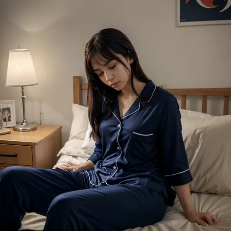 A tired anime girl with navy coloured pajamas