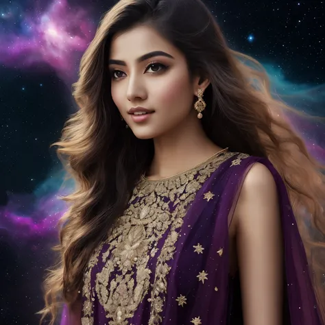 ((best quality)), ((masterpiece)), (detailed), Craft a hyper-realistic portrait of a captivating Pakistani woman in her mid-20s with fair complexion, radiating an otherworldly presence. Drape her in a flowing nebula gown, its fabric swirling with vibrant h...