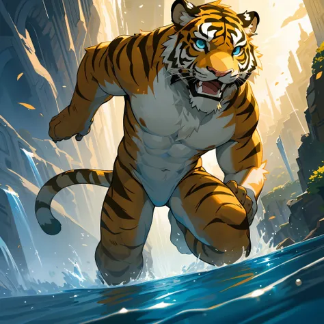 cover page, highres, top quality, best quality, paid reward available, unparalleled masterpiece, perfect artwork, absurdres, High-quality illustrations, super high resolution, detailed background, perfect anatomy, tiger and girl, Tiger painting, A flash of...