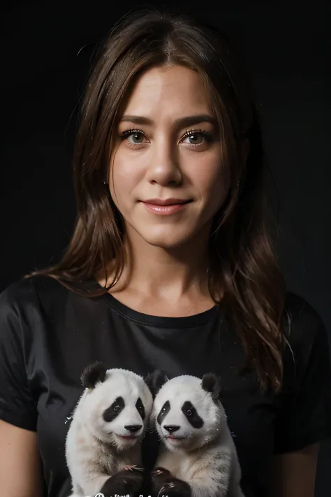 Hyperrealist portrait of female jennifer aniston look alike,  very detailed face, 4 k, stunning look, in the dark and smoky back ground, deep shadow, low key, vector shot,(official clothing:1.4) ,long hair, a good smile, panda on the shirt, stream of light...