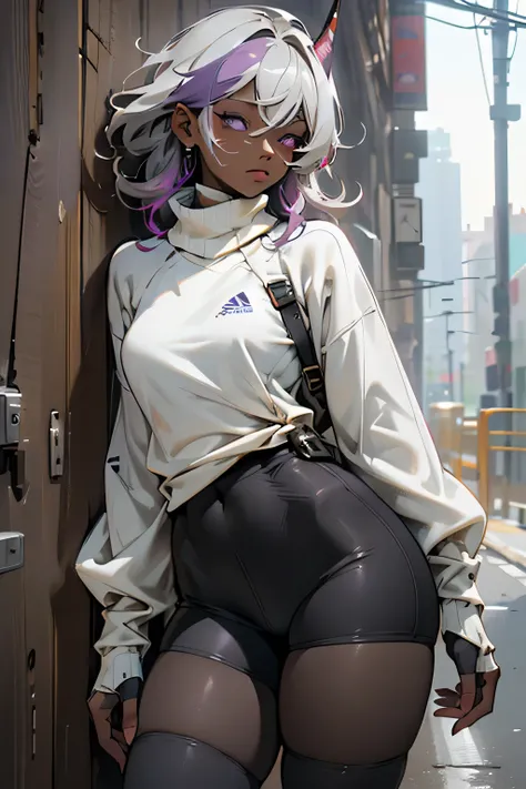 Absurd, ((High resolution)), Super detailed, Vibrant colors, Goddess of the Abyss, big, Dark Skin, horn, Gray Hair, ((Medium Hair)), (Side Lock:1.3), Purple eyes, Disheveled Hair, Tight sweater, Short shorts, Tight tights