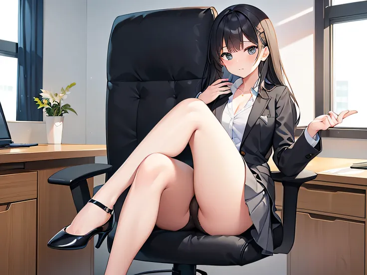 (Masterpiece, top quality, high resolution, realistic photo, realistic looking skin:1.1),
(Woman is sitting in office chair in desk with file drawers:1.5),
(She has her legs crossed and is lecturing me and you can almost see her panties: 1.8),
(She is expr...