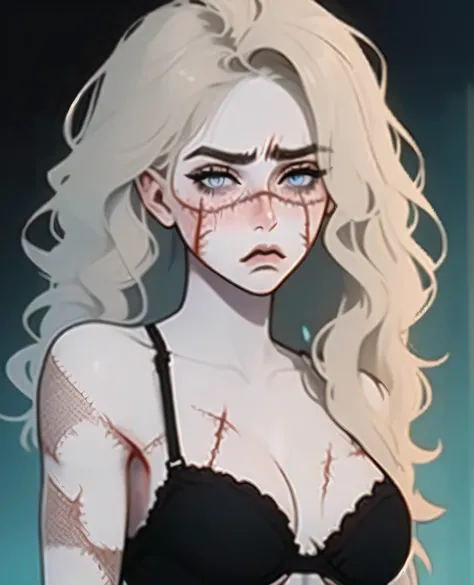 (better_scar: 1.21), (veins: 1.21), (burn scar: 1.21), (scar on nose: 1.21), (scar on arm: 1.21), (scar on stomach: 1.21), sexy, 1girl, collarbone, pale skin, lipstick, lips, medium breasts, eyeliner, bra, solo, (gothic architecture: 1.1), indoors, castle ...