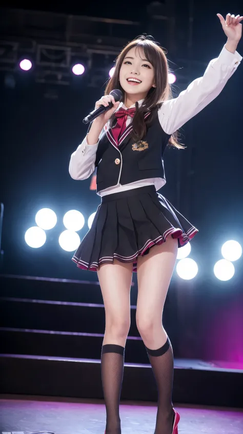 highest quality,masterpiece,Ultra-high resolution,(Actual:1.4),Original photo,Ultra-high resolution，8K，Wearing Nogizaka46 stage costumes，Wear high heels，Flashy makeup with red eyeshadow，Big laughing smile，Short, side-wave style for delicate hair，A live cos...