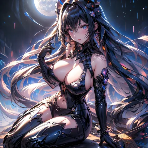 highest quality　Ultra-high resolution　black hair　Long Hair　fair skin　Black Eyes　black　漆black　moon　Starry Sky　Big Tits Beautiful Girl　I&#39;m sick　crystal