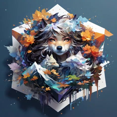 world　away、ｗｏｌｆ、 polygon art、quantum entanglement、double exposure、 （polygon art）、minimalism, color field painting, by alphonse m...