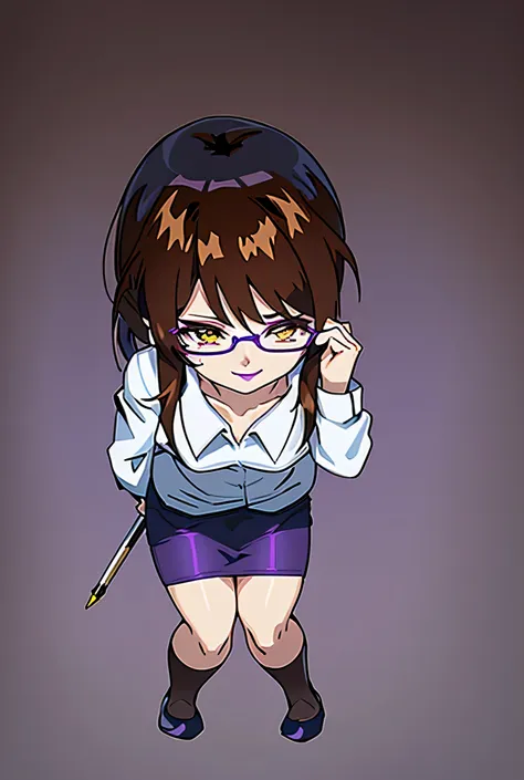 1women,solo,beautiful anime women,chuckle,closed mouth,leaning forward,
((dark brown eyes,eyeshadow,brown hair, short hair, folded ponytail)),earrings, jewelry,((white shirts,dark blue pencil skirt,black kneehighs,light purple lips,half-frame glasses))