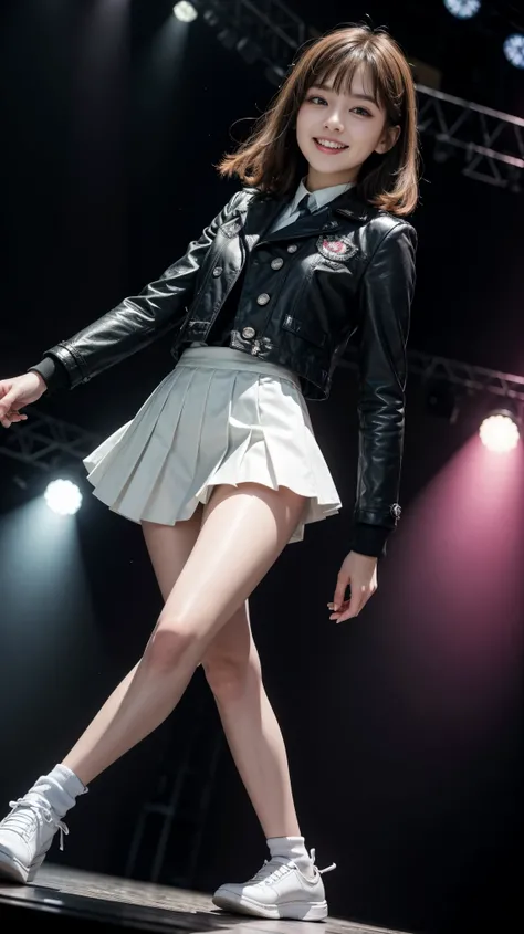 quality,masterpiece,Ultra-high resolution,(Actual:1.4),Original photo,Ultra-high resolution，8k，Wearing Nogizaka46&#39;s stage costume，Flashy makeup using red eyeshadow，Big smile，Delicate brown hair short cut，女子高生のLive costumes&#39;Uniform Mini Skirt，Live c...