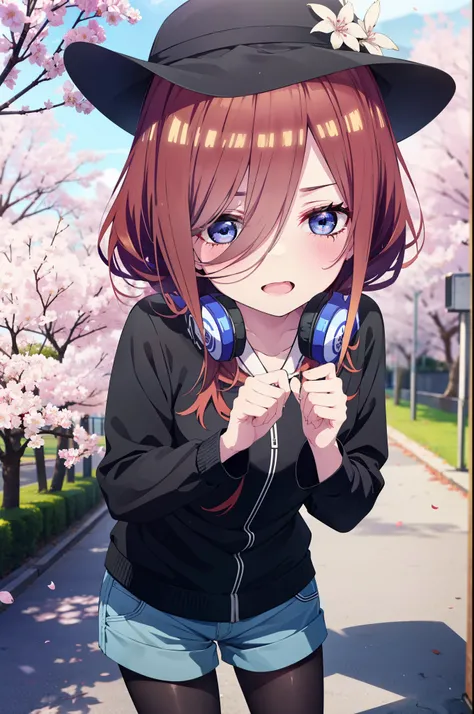 Miku Nakano, Miku Nakano, Long Hair, bangs, blue eyes, brown hair, shirt, Hair between the eyes, smile,blush,Open your mouth,Headphones around neck,オーバサイズチェック柄shirt,Shorts,Black pantyhose,Hunting Hat,short boots,Cherry blossoms are blooming,Cherry blossoms...