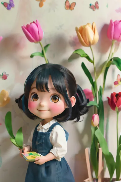 The following scenes are depicted using a Chibi Girl doll:(Photorealistic、A girl is drawing tulip flowers and butterflies on a wall with crayons、Very colorful and、Smiling)