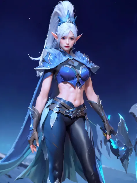 8k, very detail, a woman in a blue outfit holding a bow,elf, alluring elf princess knight, lunar themed attire, freezing white skin, ice sorceress, sigma female, ice mage, blue and ice silver color armor, female elf, crystalline skin, elf princess knight, ...