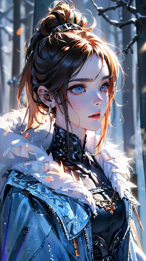 (best quality,4k,highres),(realistic,physically-based rendering),a girl,armor:simple,winter,fur,holding a sword,serious expression,vivid colors,portrait,sharp focus,studio lighting,detail of the eyes,metal texture,cold environment,forest background,falling...