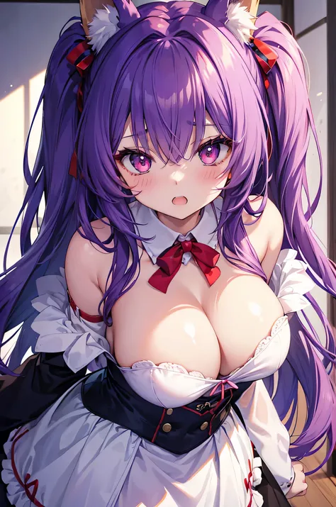 Fox Girl, Big Breasts, Voluminous purple hair, masterpiece , Red eyes、Double teeth、tooth、Blushed cheeks、 hd, from head to chest, buried in my chest、Underbust、Cleavage、Bunny girl