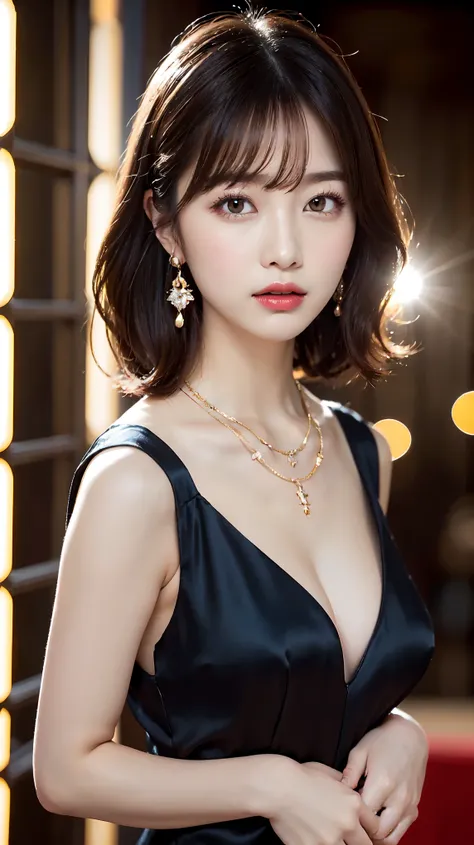 1 female, Beautiful Japanese actresses, Age 25, Double Eyes,mile, Detailed face, Big earrings，Large Necklace, Flashy makeup using red eyeshadow，light brown delicate middle cut hair，the tips of the hair are wavy，Classy hairstyle，fine grain,Slender actress, ...