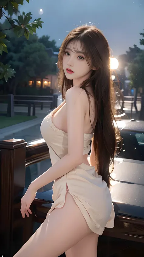 full hd 8k, Girl standing in front of a dark night scene, full moonlight reflecting on her beautiful face. Her long, silky hair was gently blown by the night wind, creating a gentle and romantic feeling. Next to her is a large displacement motorbike, showi...