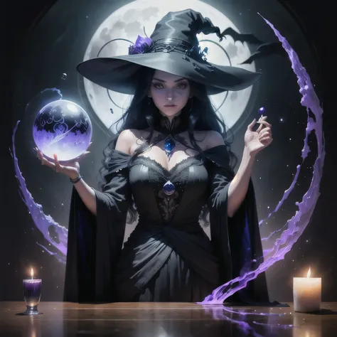 witch covered with a hat and a black suit and long nails holding a crystal ball which hides dark secrets illuminated by violet and blue shadow, on the table there are tarot cards and incense and in the background you can see a giant glass window and the mo...